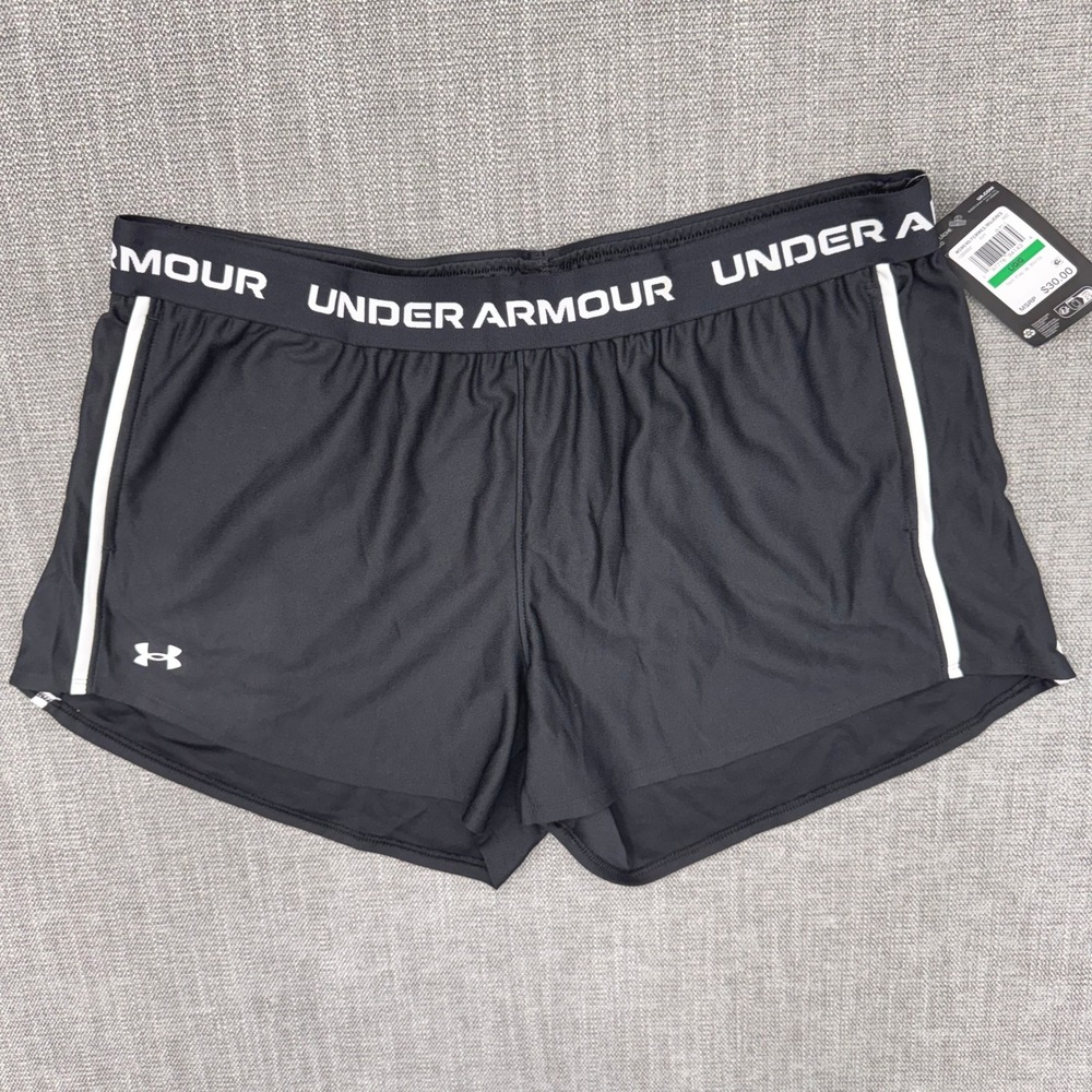 Under Armour Tech Play Up Shorts Womens Large Black White 1389882 Athletic Gym